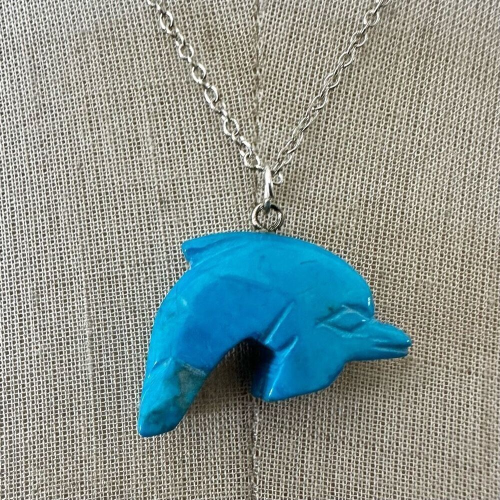 Carved Turquoise Dolphin Pendant Necklace